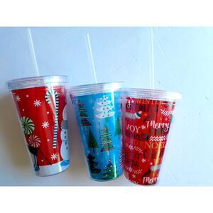Christmas Theme Water Bottle Tumbler Goblet Lot of 3 with Lid and Straws NWOT